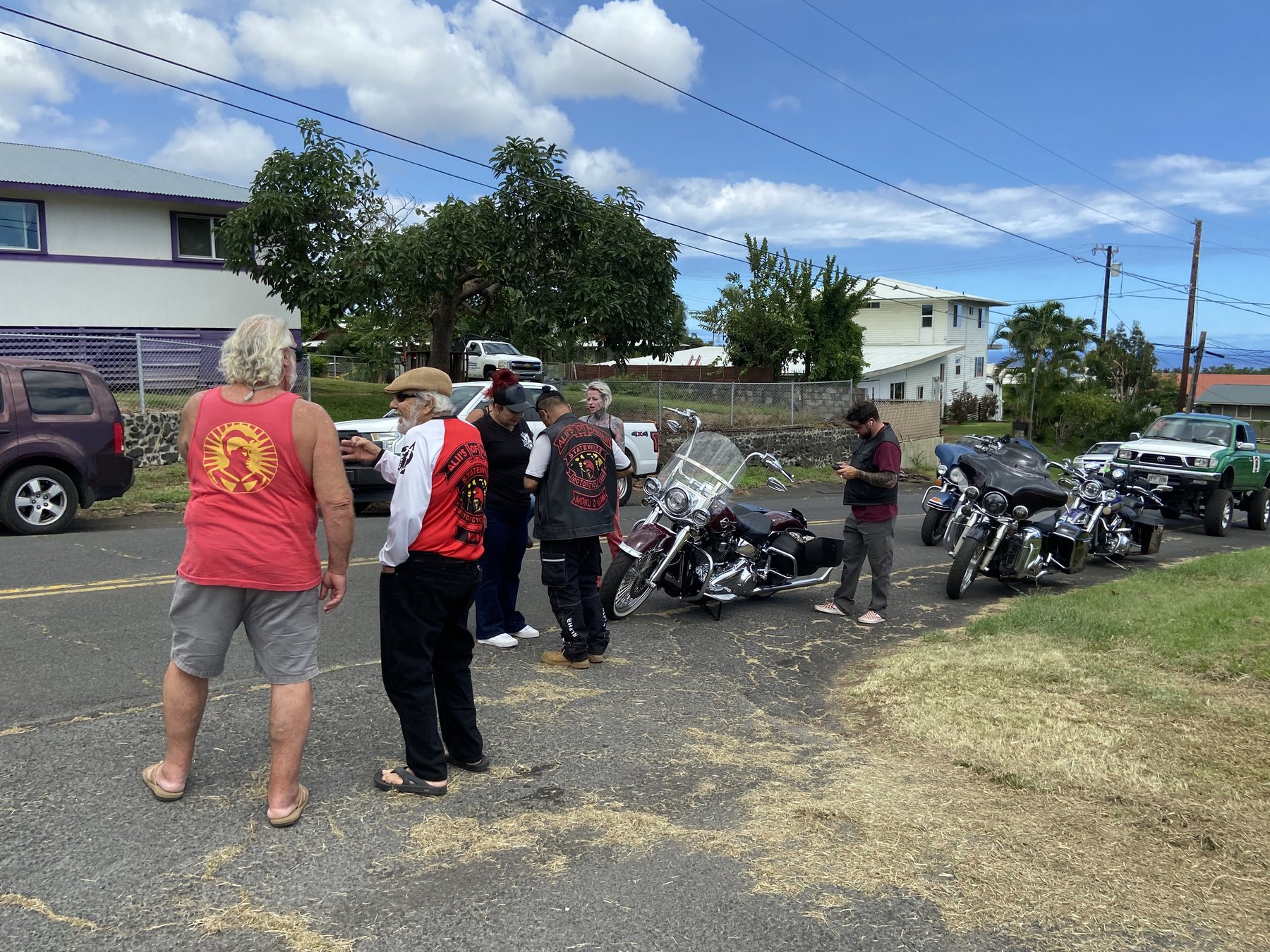 Motorcycles and members gather outside Pāhala Senior Center